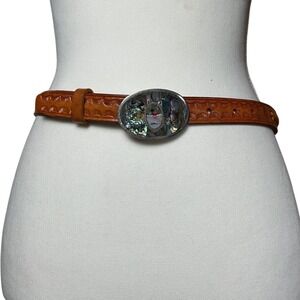 Vintage Leather Belt Woman Face Abalone Buckle Size 32 Tan Brown Cowgirl Western